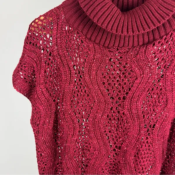 Burgundy Open-Knit Sleeveless Sweater with Sequins‎ & Fringe - One Size - Image 3
