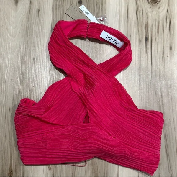NEW Do+Be Hot Pink Pleated Halter Crop Top Tie Back Women’s Medium - Image 2