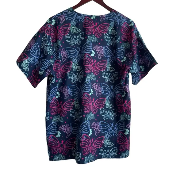 Shana‎ Women Scrub Top L Navy Butterfly Medical Uniform Nurse Workwear Dental - Image 3