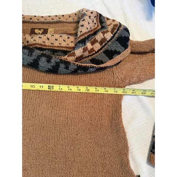 Peruvian Trading Co 100% Alpaca Wool Cowl Neck Sweater Tan‎ Geometric Boho Small - Image 5