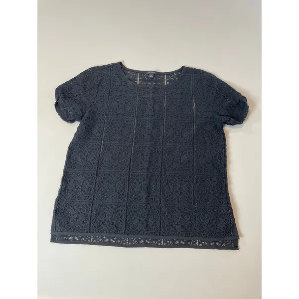 Ann Taylor Sheer Lace High‑Low Short Sleeve Top Size M Black Cotton - Image 4