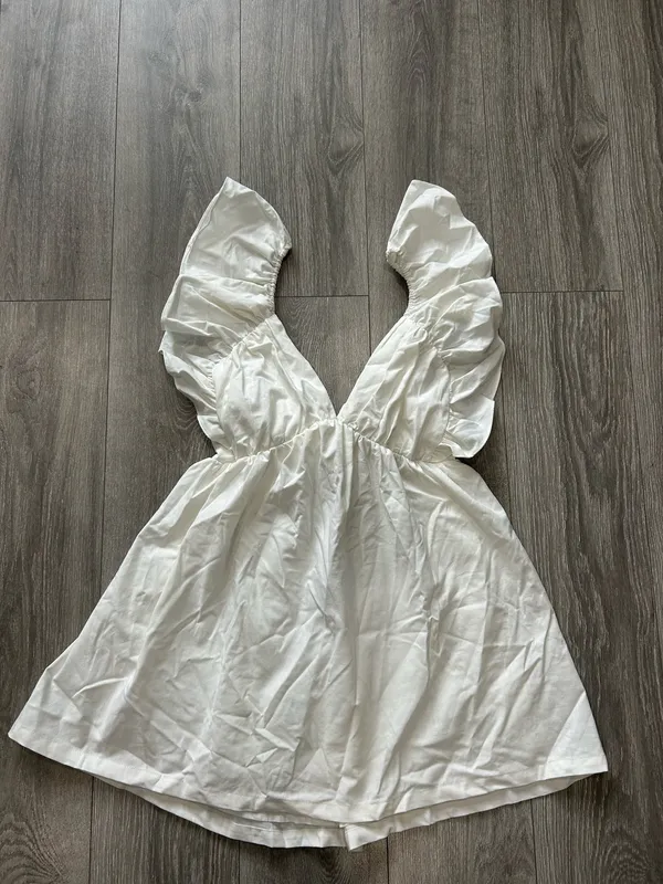 Showpo Raiza Mini Dress Ruffle Sleeve Tie Back Plunge Dress 100% Cotton In Off White! - Image 6