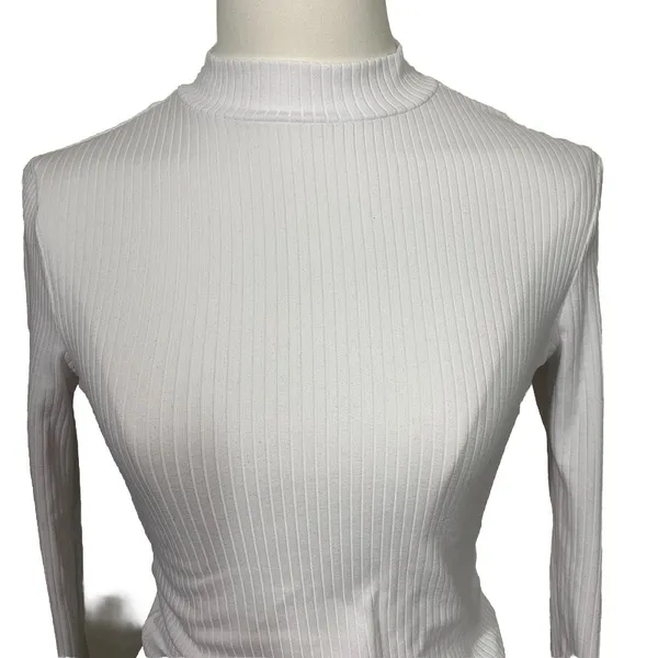 Planet Gold Ribbed Mock Neck Top Women Size S White Long‎ Sleeve Slim Fit Knit - Image 3