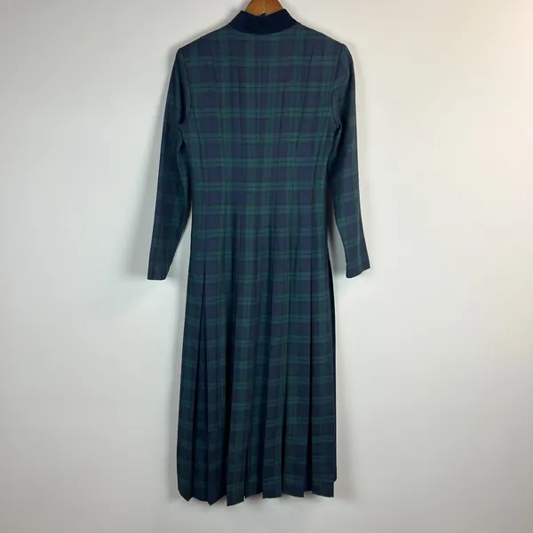 Vintage Tartan‎ Plaid Maxi Dress Womens 4 Green Navy Pleated A-Line Gold Buttons - Image 8