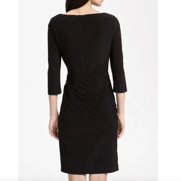 ADRIANNA PAPELL Black Shutter Pleat Pleated 3/4 Sleeve Jersey Knit Sheath Dress - Image 5
