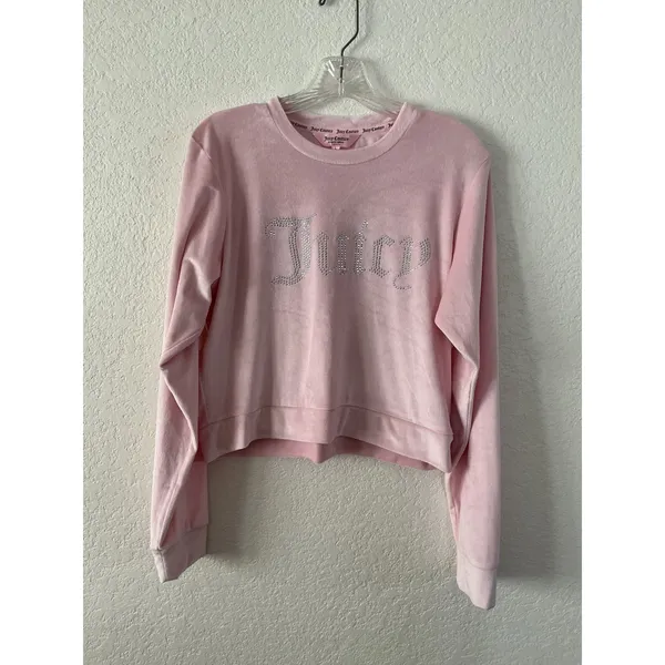 Juicy Couture Pajama Set Size L‎ Pink Velour Rhinestone Logo Sweatshirt Pants - Image 3