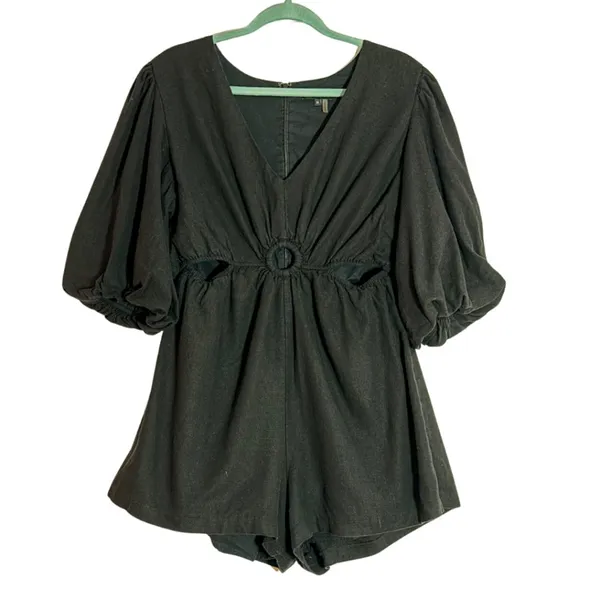1. State Linen Blend Romper Cut Out Details Black Casual Women's 1X - Image 2