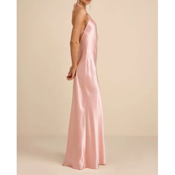 NEW Lulus Magnificence Blush Pink Glossy Satin Backless Halter Maxi Dress Large - Image 2