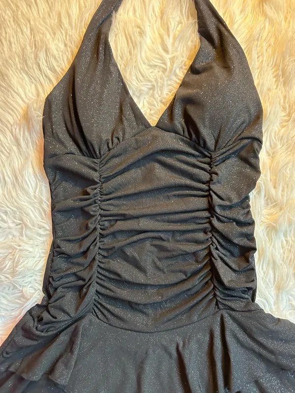 La Belle Vintage Y2K Black Glitter Ruched Halter Tiered Dress Medium Homecoming - Image 12
