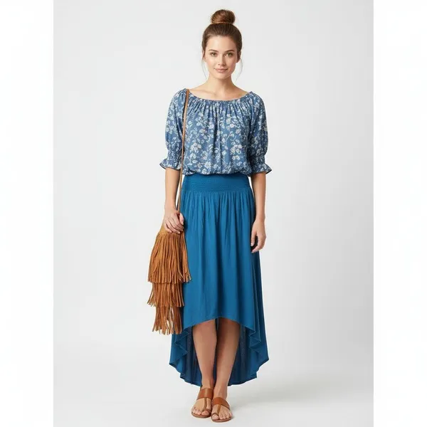 Free People Beach Teal Blue Asymmetric Hem Maxi Long Skirt M - Image 5