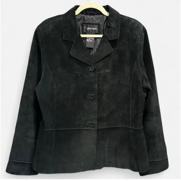 Y2K Black Suede Leather Jacket Oversized French Chic XL - Image 6