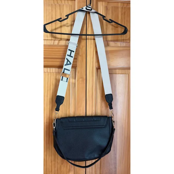Halston Black Pebbled Faux Leather Crossbody Shoulder Bag Logo Strap Gold Tone - Image 2