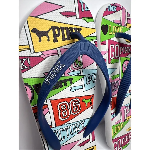 Victoria's Secret PINK Flip Flops Large Collegiate‎ Pennant Love Spirit New - Image 5
