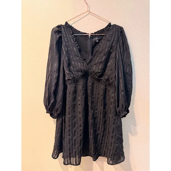 Lulus Womens Mini Dress M Black Jacquard Stripe Ruffle V-Neck Balloon Sleeve - Image 4