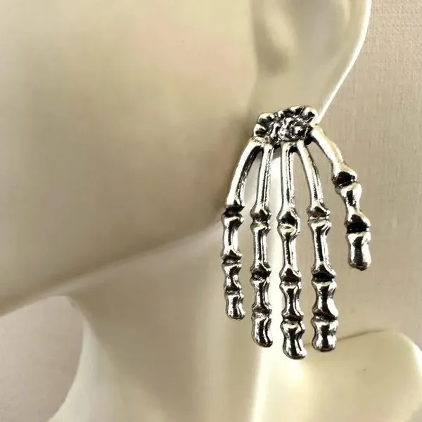 Silver tone Skeleton Hand Earrings - Image 5