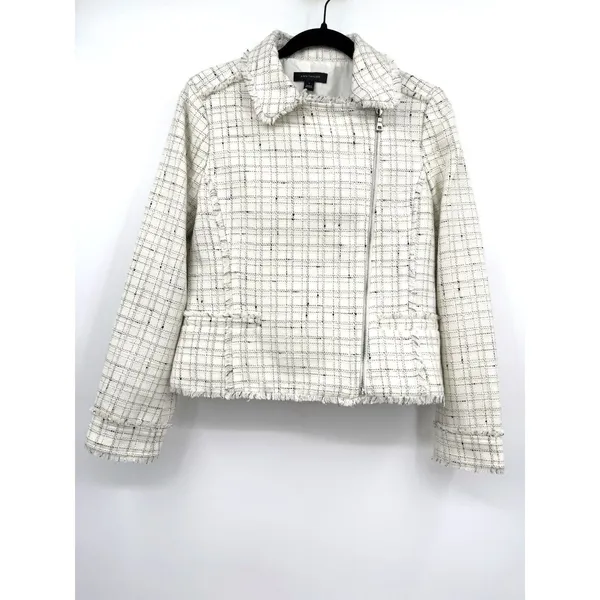 Ann Taylor Tweed Plaid Moto Jacket Sz 6 Cream Black Gold Stylish Office Career - Image 2