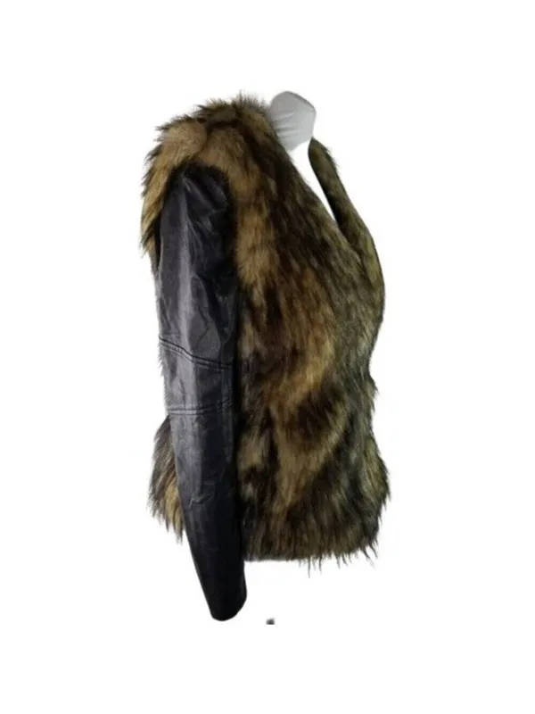 Bardot Womens Faux Fur Leather Long Sleeves Jacket Coat Black Tan Size 6 - Image 3