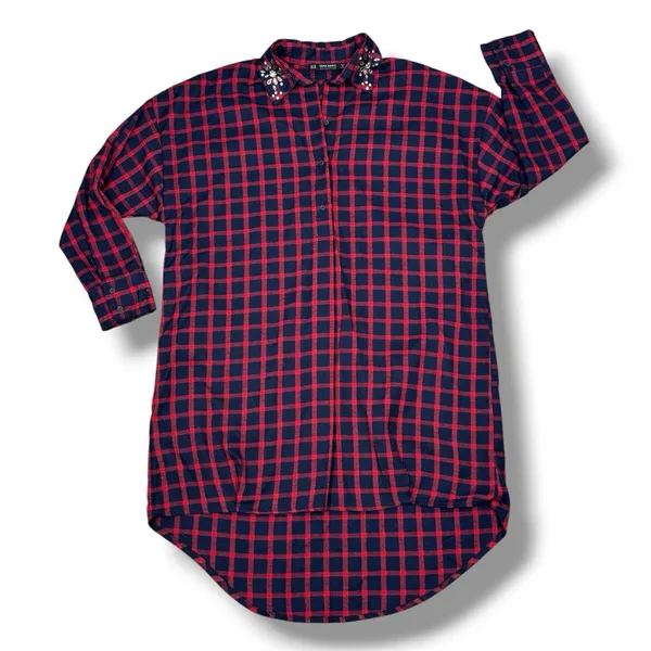 Zara Plaid Beaded Collar Oversized Pullover‎ Tunic Shirt Dress Red Blue XS - Image 15