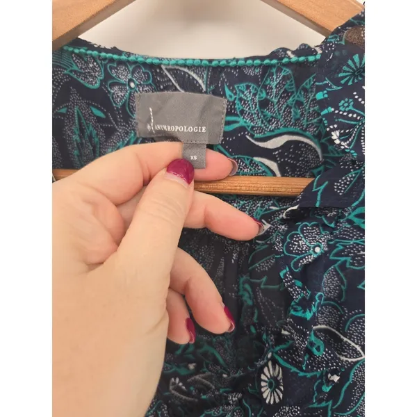 Anthropologie Blouse Womens‎ XS Floral Paisley Navy Blue Lace-Up Ruffle Blouse - Image 3