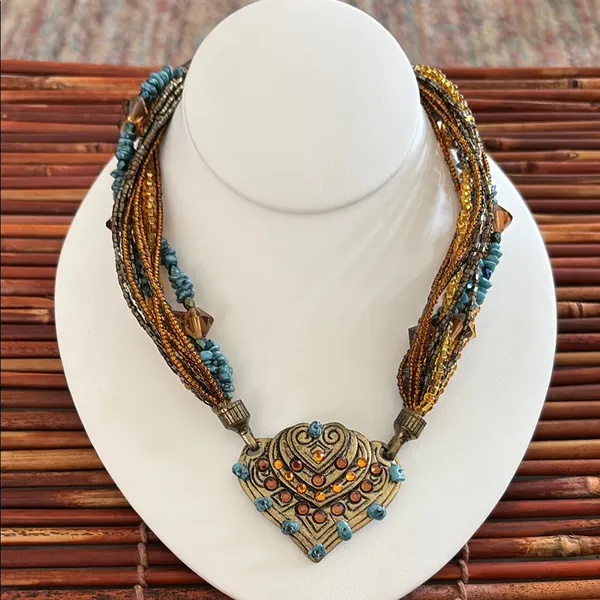 Chico's Blue and Gold Multi-Strand Seed Bead Necklace - Image 2