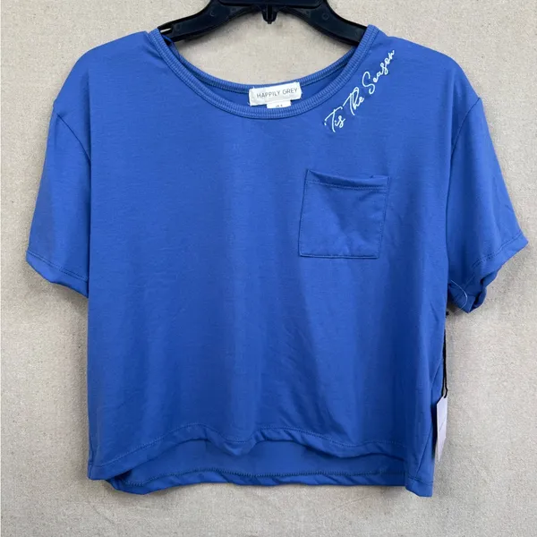 Happily Grey Blue T-Shirt Size S Embroidered Tis the Season Crop Short Sleeves - Image 7