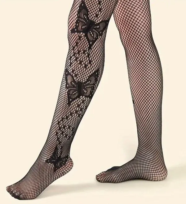 Butterfly Pattern Black Fishnet Tights, Hollow Out See-through Slim Fit Footed Pantyhose, Women's Stockings & Hosiery One Size 80% Polyamide 20% Spandex - Image 6