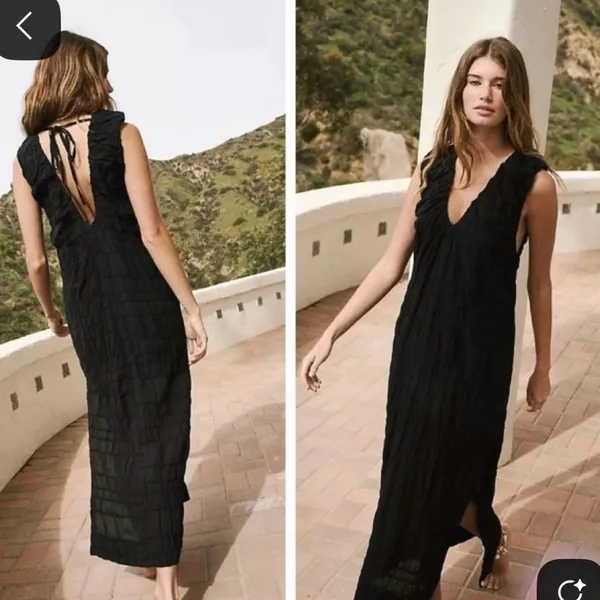 Free People Black Agatha Crinkle Cotton Side Slit Boho Classic Midi Maxi Dress - Image 2