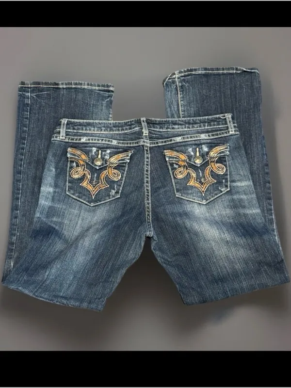 Rock & Wrangler Ultra Low Rise Flare Jeans 9x33 Y2K Blue Denim - Image 2