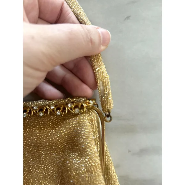 Le Goût du Jour Gold Beaded Swirl Rhinestone Filigree 50s Wrist Bag - Image 2