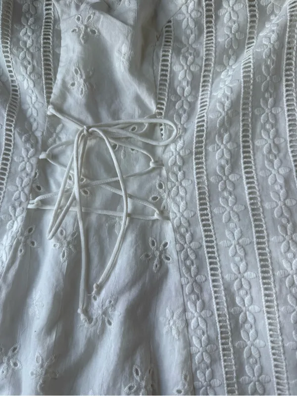 For Love & Lemons Anabelle White Eyelet Lace Up Puff Sleeve Mini Dress Size M - Image 5