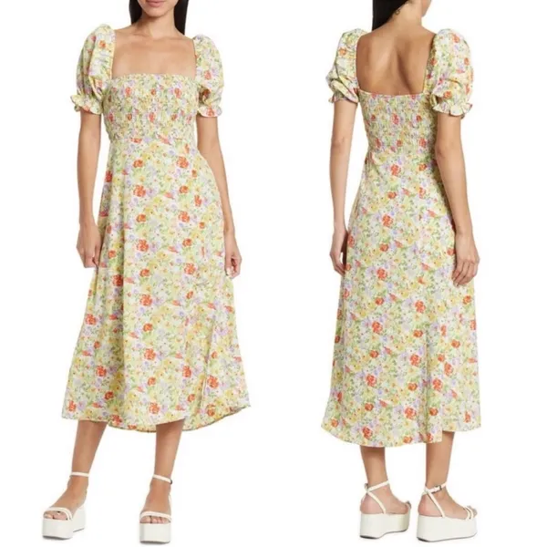 ASTR Floral Puff Sleeve Smocked Midi Dress Cottagecore Square Neck Wedding Guest - Image 2