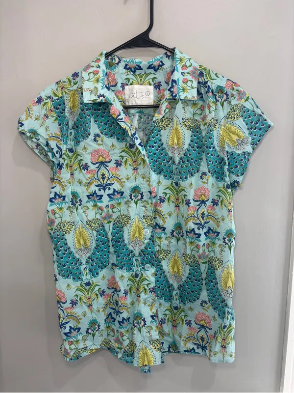 The Cat's Pajamas Peacock Voile 100% Cotton Short Sleeve Women’s Large- TOP ONLY - Image 9