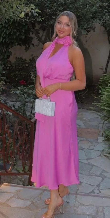 Zara maxi dress pink satin effect floral tie scarf wedding party cocktail - Image 4