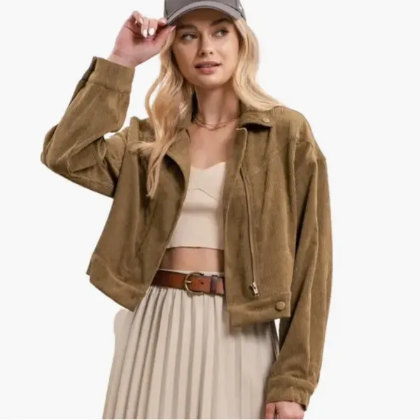 Mine Blu Pepper Green Corduroy Crop Moto Jacket ~ Size Medium - Image 4