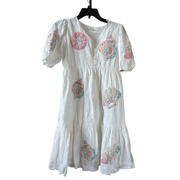 Sea New York Zara 100% Cotton White Seashell Patch Mini Dress Size 11 - 12 - Image 2