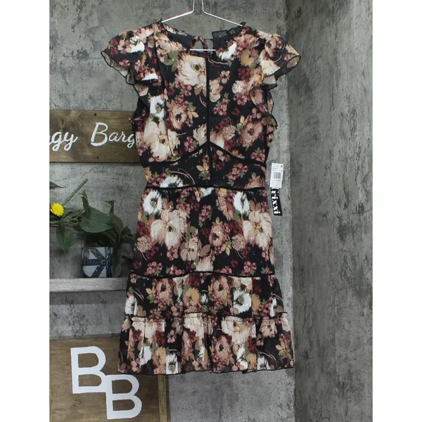 NWT Trixxi Juniors Printed Tiered Short Ruffle Sleeve Dress Multi Floral Black S - Image 5