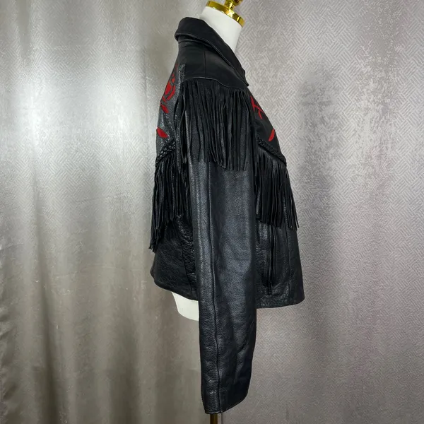 Womens Black Leather Fringe Motorcycle Jacket Red Rose Embroidery Western Size M - Image 3