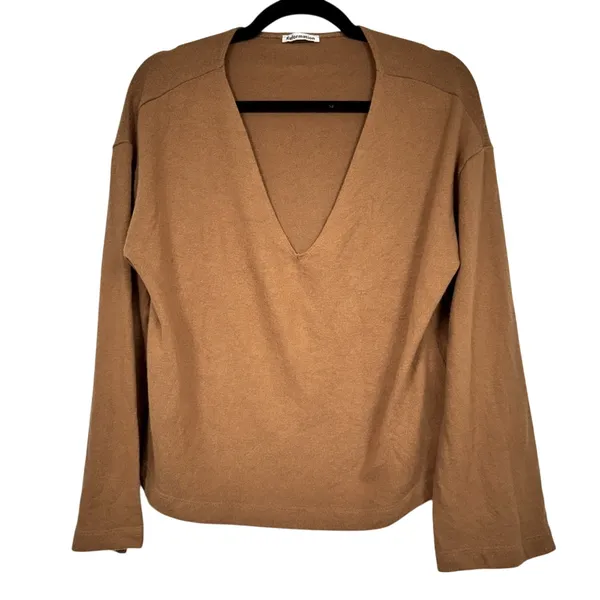 Reformation Brown Organic Cotton Blend V Neck Sweater Women S Bell Sleeve Luxury - Image 2