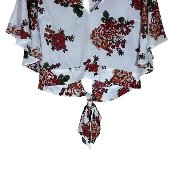 Express Floral Flutter Sleeve Tie Back Crop Top White Red Orange Size M - Image 3