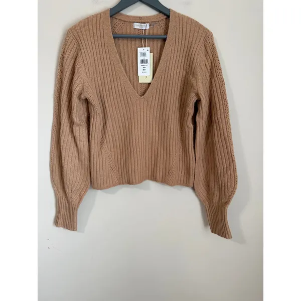 Ramy Brook Sweater NWT Women M Camel Ribbed V-Neck Wool Cashmere Balloon Sleeve - Image 2