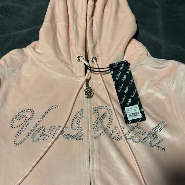 VON DUTCH Pink Velour Zip Up Hoodie Size XL - Image 2