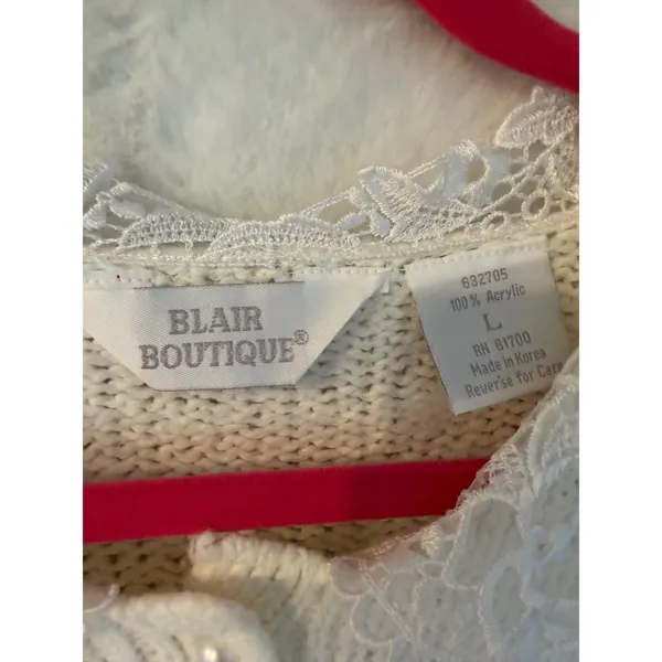 Blair‎ Boutique Vintage Lace Collar Pearl Button Knit Sweater Off-White Large - Image 2