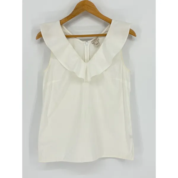 J.Crew Ruffle V-Neck Top Women Size‎ 2 White Sleeveless Cotton Blend Feminine - Image 3