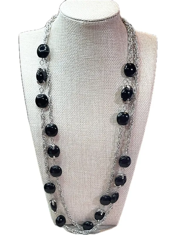 INC International Concepts Vintage Y2K Long Silver Tone Rope Chain Black Cabocho - Image 5