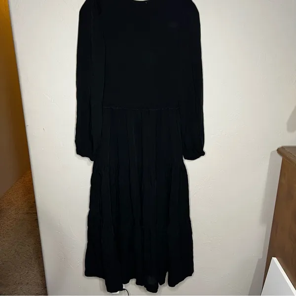 Bohme Black Tencel Smocked Tiered V-Neck‎ Long Sleeve Boho Midi Dress - Image 10