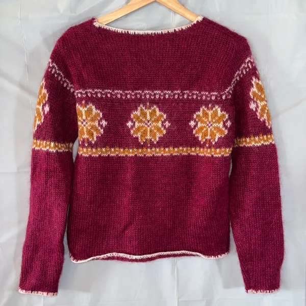 Vtg Twiggy Mohair Blend Fair Isle Snowflake Sweater Small Burgundy V-Neck Cozy - Image 2
