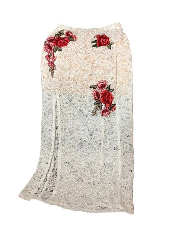 Crystal Doll White Floral Lace Slit Maxi Skirt Size 9 NWT - Image 2