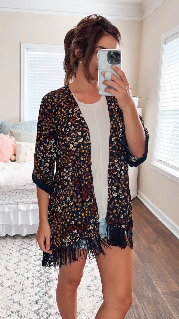Maurice's Black Floral & Black Fringe Short Sleeve Kimono - Image 2