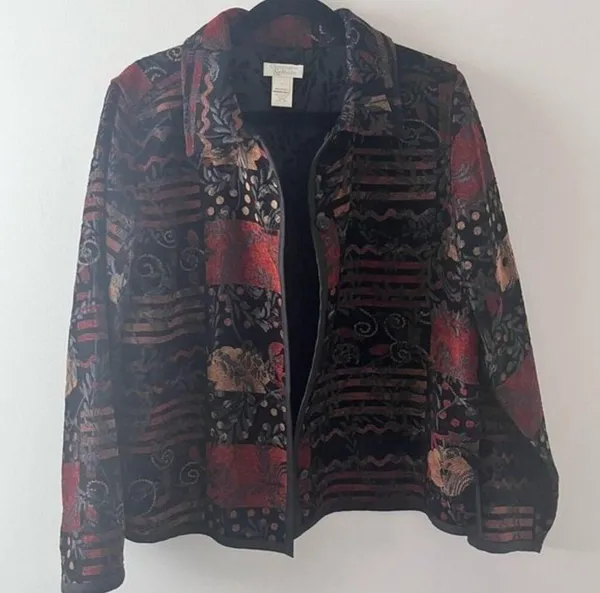 CHRISTOPHER & BANKS Jacket Tapestry Tweed Patchwork Brocade Boho Reversible Sz L - Image 2