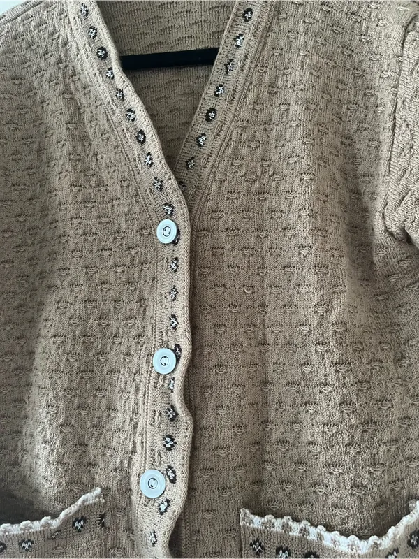 Brown Knit Short Sleeve Cardigan Sweater Large Embroidered Grandpa Folk Cottage - Image 3